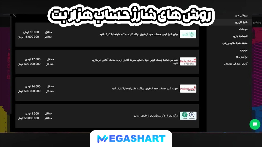 روش های شارژ حساب هزار بت - مگاشرط روش های شارژ حساب هزار بت