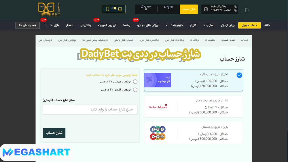 شارژ حساب در ددی بت  DadyBet