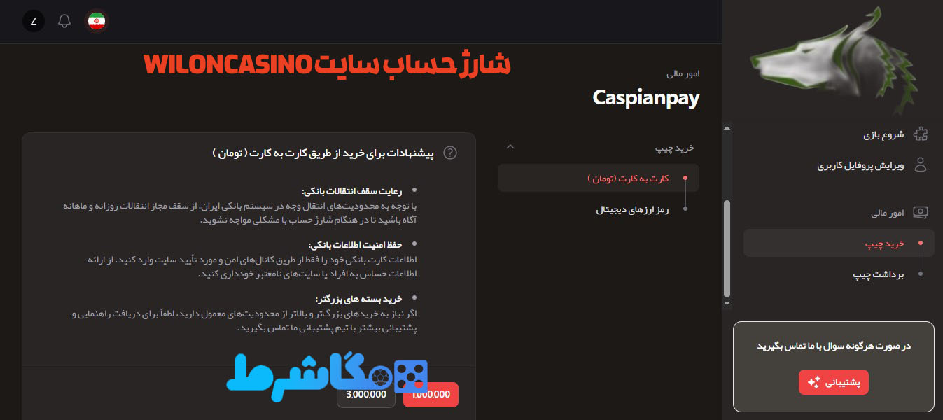 شارژ حساب سایت WilonCasino
