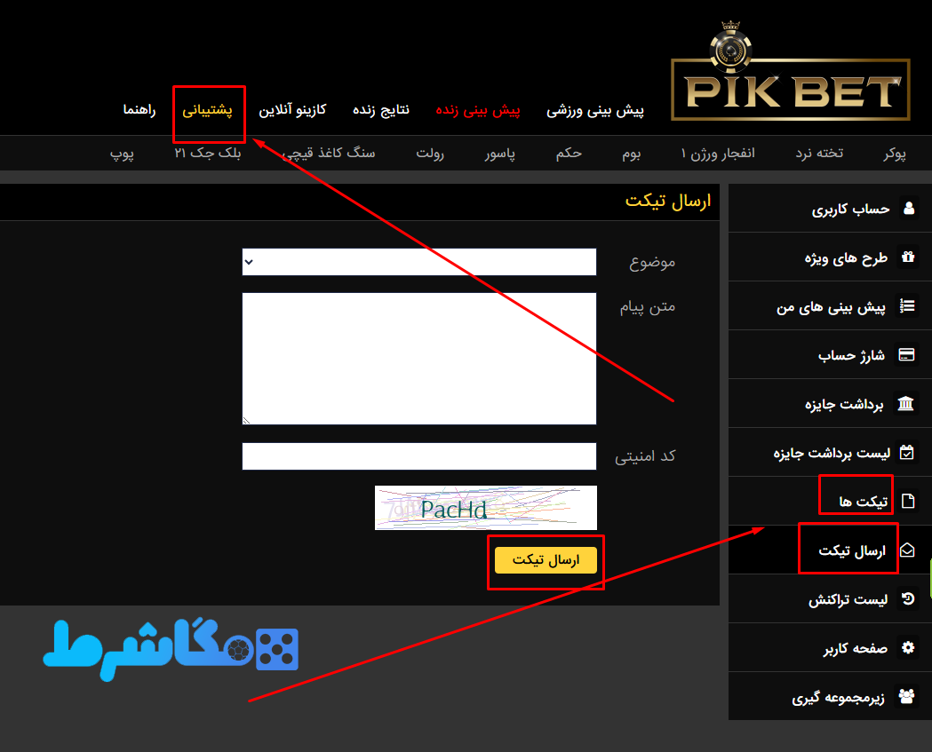 پشتیبانی سایت پیک بت